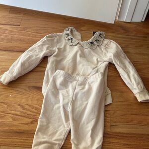 Cream Two-Piece Loungewear Set with Crochet Peter Pan Collar